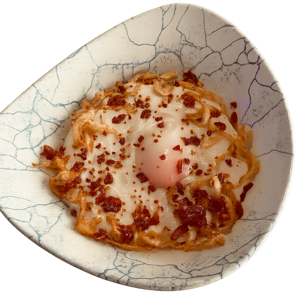 Huevo Maleante con fritura y jamón ibérico